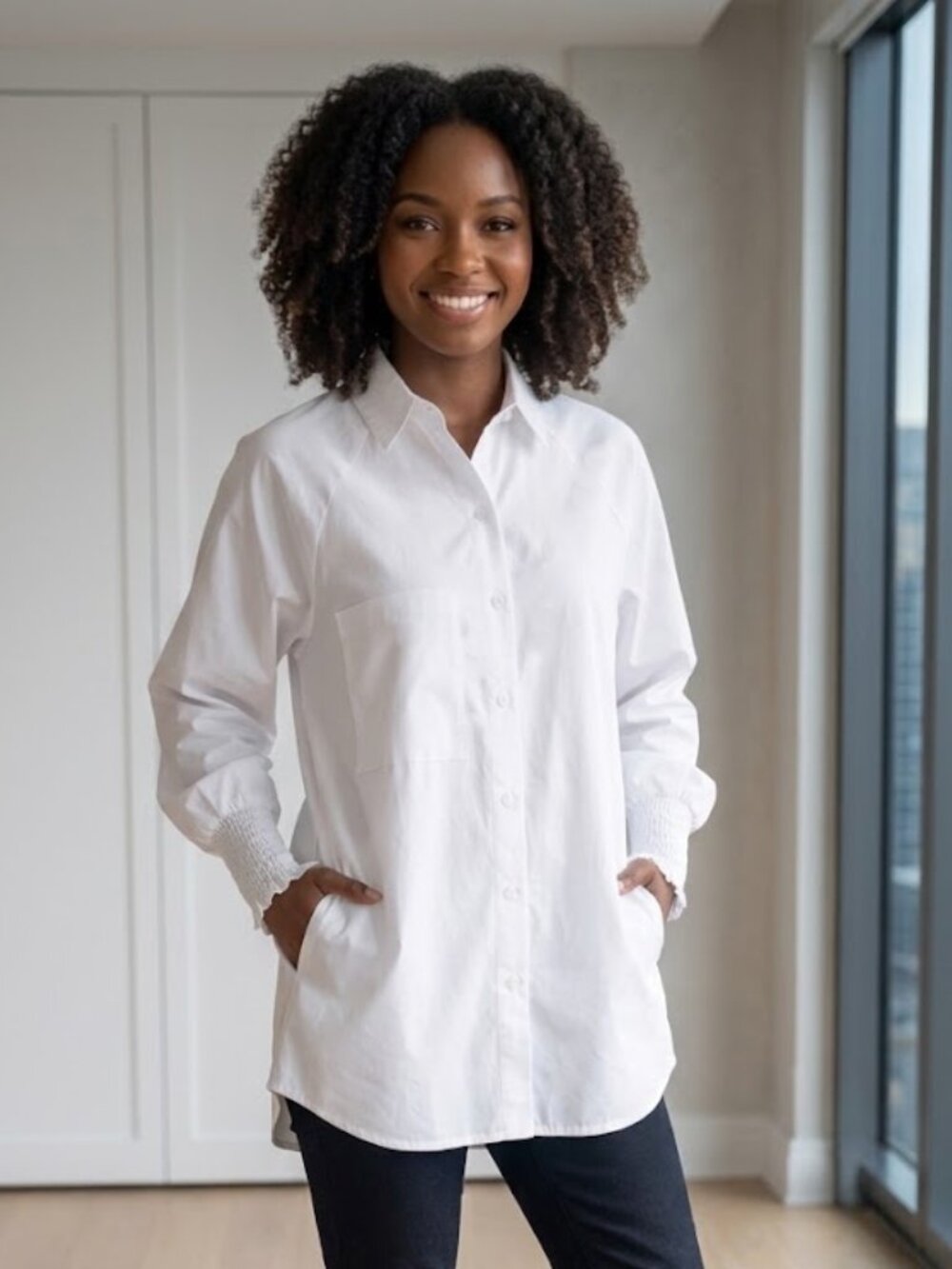 White Button Down Tunic Blouse With Pockets Size L Elastic Cuffs
